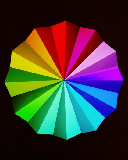 Jessica Eaton, Additive Colour Wheel in 12 parts: swatches mixed in camera via filtration of the primaries Red, Green, Blue, Triangular Pyramid base paint 9% Grey, 2012