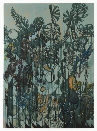 Carole Vanderlinden, Paysage Tropical, 2014, oil, ink and painting lime on canvas, 215 x 140 cm.