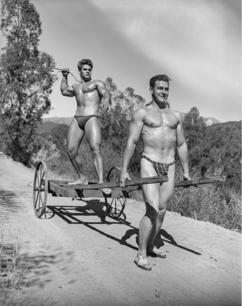 Bob Mizer, Richard DuBois and Hank Prater (cart and whip), Southern California, 1953