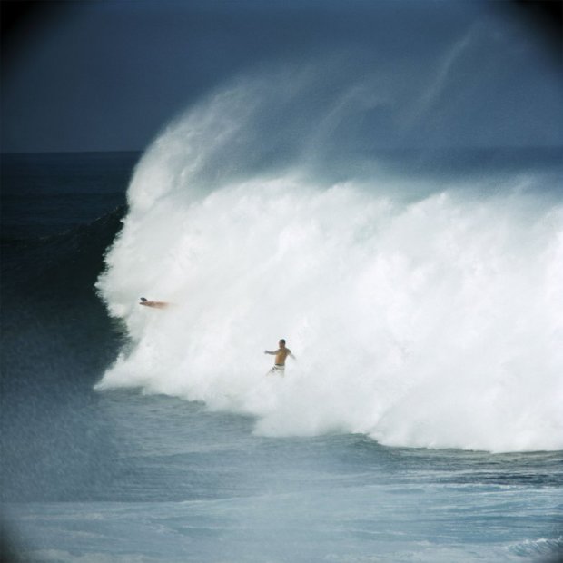 LeRoy Grannis Bobby Cloutier and Greg Noll, Waimea Bay chromogenic print paper size: 36 x 36 inchesimage size: 30 x...
