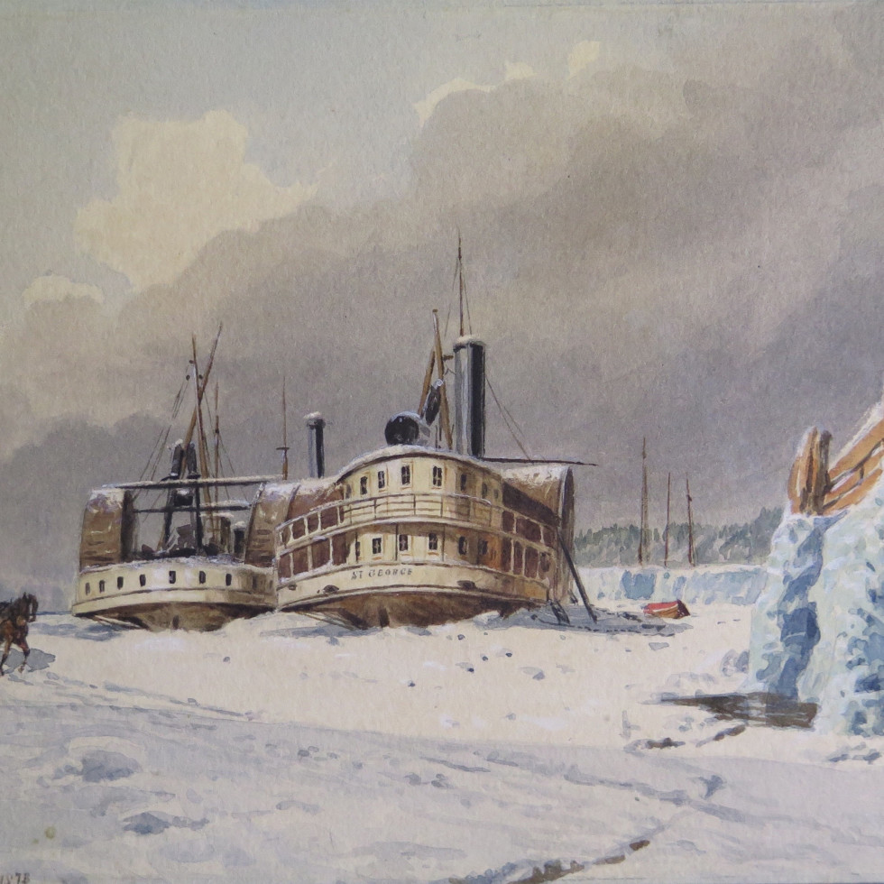 "Bateaux-vapeurs en hivernation, à Lévis", (1873) par John B. Wilkinson