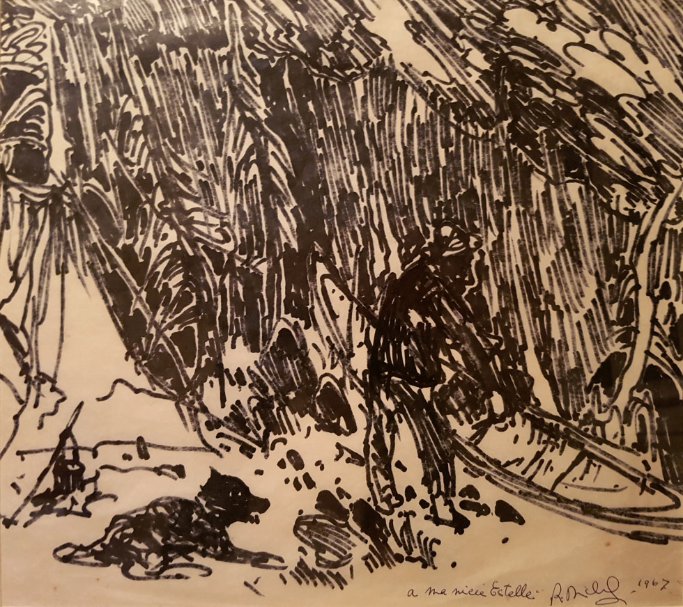 René Richard, R.C.A. 1895-1982Fin de journée, 1967 Signed and dedicated l.r.: 'R. Richard 1967' - Signé en bas à droite, ''R. Richard 1967';Inscribed in pen by the artist, 'a ma nièce Estelle' - Inscrit au stylo par l'artiste, 'a ma nièce Estelle'. Felt pen on paper - Crayon feutre sur papier 11 x 12 3/4 in 27.9 x 32.4 cm