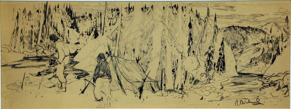 René Richard Trappeurs dans le Nord Pencil drawing 7 1/2 x 19 1/2 in 19.1 x 49.5 cm