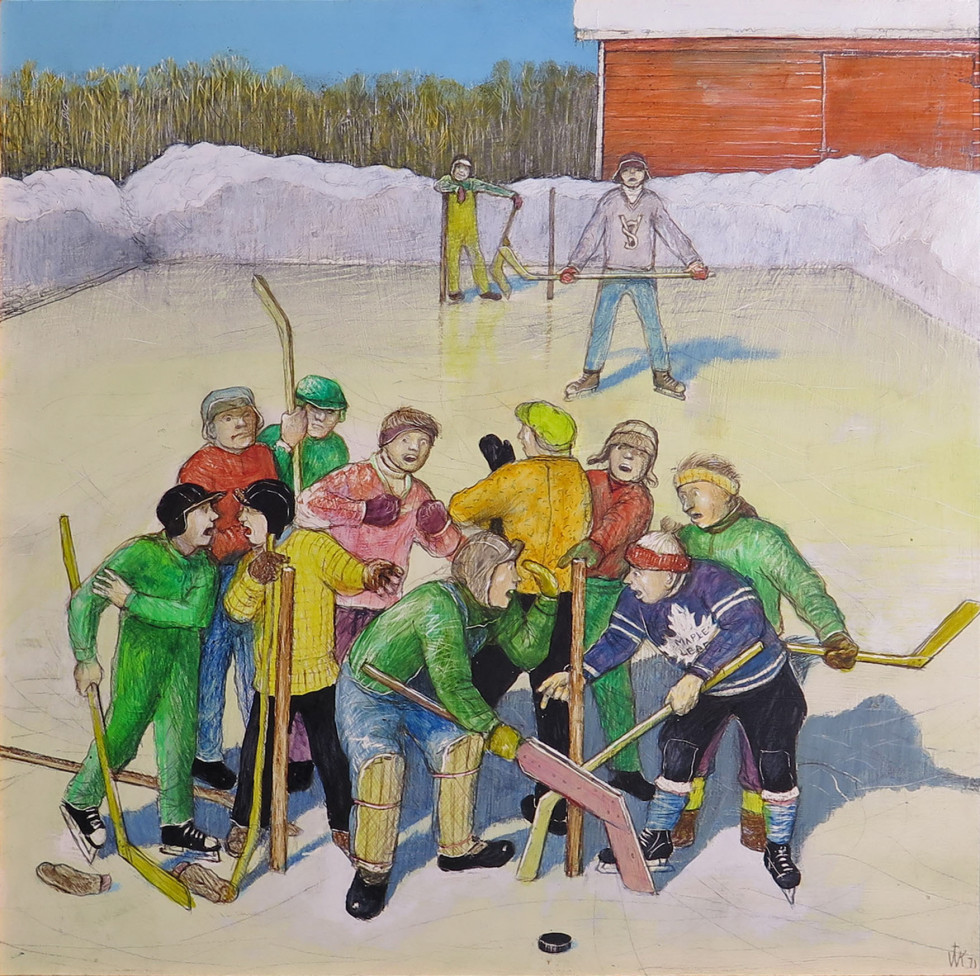 William Kurelek From "A Prairie Boy's Winter" series "Hockey Hassles", 1971 Mixed media 14 x 14 in 35.6 x 35.6 cm