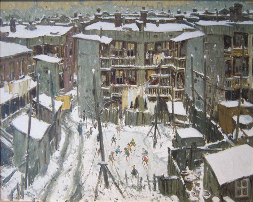 John Little, R.C.A. Faubourg à m’lasse, Dorion Street - Faubourg à m’lasse, rue Dorion, 1965 Signed, Dated Oil on canvas - Huile sur toile 24 x 30 Width: 30 Height: 24