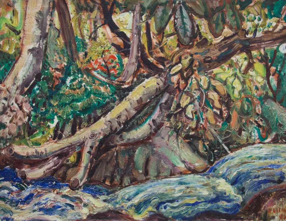 Arthur Lismer, LL.D, R.C.A., O.S.A. 1885-1969Forest Stream - Ruisseau forestier, 1947 Signed, Dated Oil on panel - Huile sur panneau 12 x 15 1/2 in 30.5 x 39.4 cm